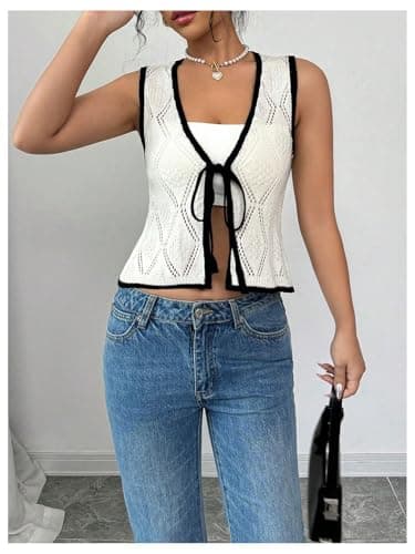 GORGLITTER Women's Crochet Tops Boho Tie Front Knit Crop Tank Tops Sleeveless Western Cowgirl Summer Going Out Outfits Beige Medium - Thumbnail 5