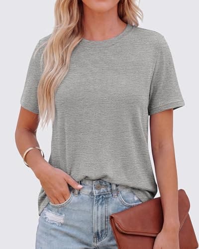 KIRUNDO Short Sleeve Tops for Women Summer Trendy Casual Crew Neck Plain T Shirts Soft Knit Basic Tunic Tees Fashion Clothing(Grey, X-Large) - Thumbnail 2