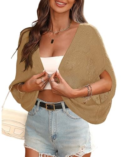 Women's Lightweight Summer Cardigans Short Sleeve Knit Crochet Coverups Spring Boho Beach Vacation Clothes Khaki XL - Image 1