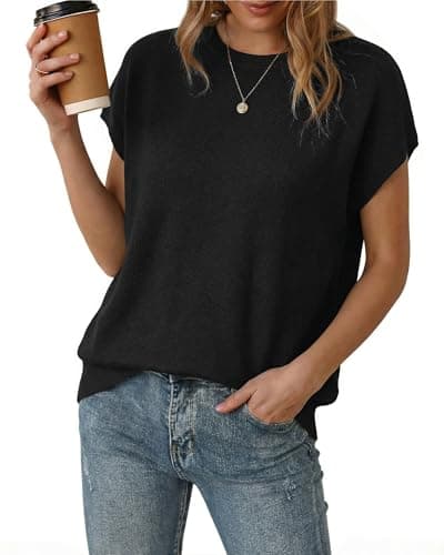 Arach&Cloz Womens Spring Summer Short Sleeve Oversized Sweaters Cashmere Lightweight Crew Neck Business Casual Clothing Work Blouse Tops Dressly Capsule Wardrobe Teacher Outfits Trendy Black XXL - Image 1