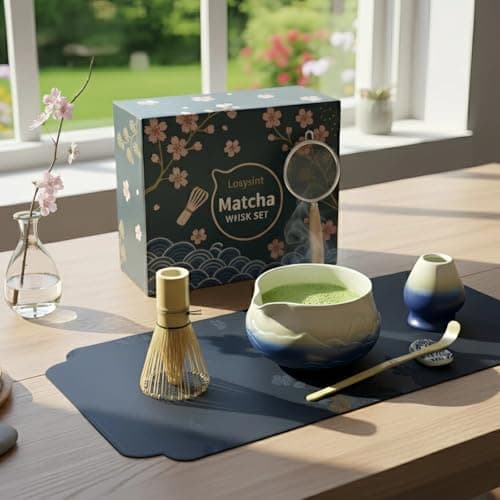 Losyslnt 7 Pcs Matcha Whisk Set - Complete Matcha Kit Set Includes Matcha Bowl with Spout, Bamboo Whisk with Holder, Scoop, Sifter, Scoop Holder, Tea Towel - Ideal Gift for Matcha Lovers (B-Blue) - Thumbnail 3