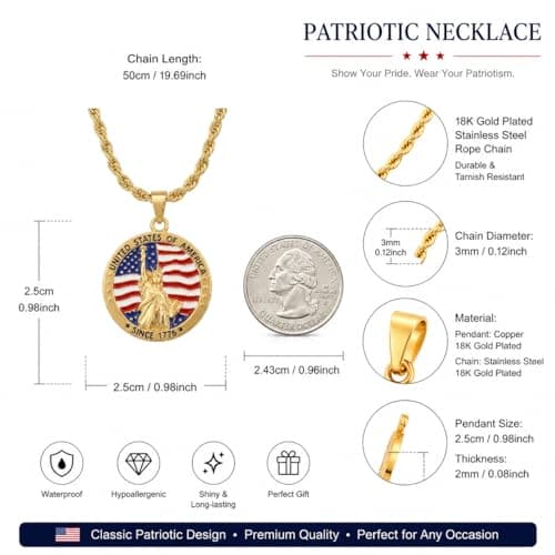 Uloveido Patriotic Necklace for Men & Women | 18K Gold Plated Copper Pendant, Stainless Steel Rope Chain 50cm | Statue of Liberty USA Flag Jewelry | Independence Day 1776th Anniversary YA7090 - Thumbnail 5