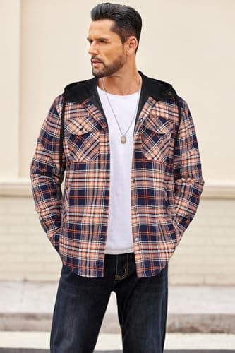 COOFANDY Flannel Jacket Men Plaid Shirt Jackets Hooded Lined Shacket Quilted Cotton Button Down Fall Coat XL - Thumbnail 2