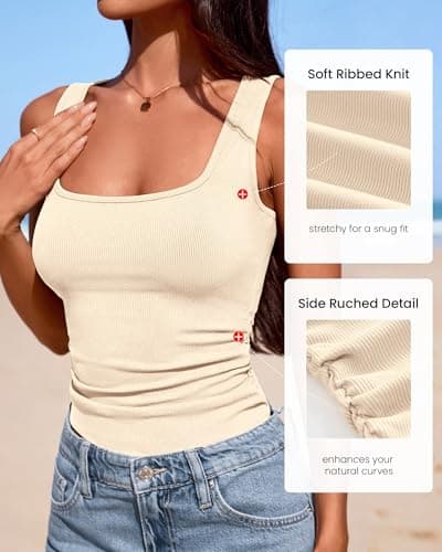 KIRUNDO Tank Tops for Women Slim Fit 2026 Summer Square Neck Going Out Top Ribbed Casual Ruched Sleeveless Camisole Shirts(Beige, Small) - Thumbnail 4