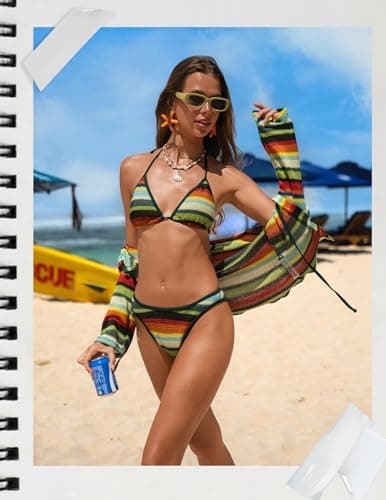 ZAFUL Swimsuit Coverup Shirt for Women Crochet Cardigan Bathing Suit Cover Up Long Sleeve Cover Ups Top Strip Green M - Thumbnail 3