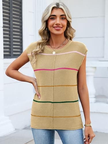 Bellcoco Womens Cap Sleeve Summer Tops Striped Sweater Vest Lightweight Casual Crewneck Loose Knit Pullover Tank Top Beach Vacation Outfits Apricot L - Thumbnail 2