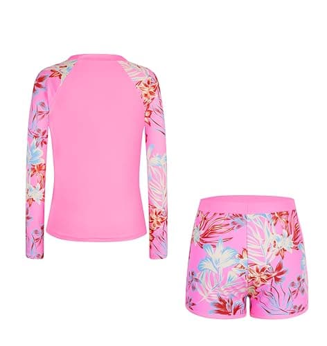 Alakuoti Girls Rash Guard Swimsuit Two Piece Bathing Suit UPF 50+ Sun Protection Long Sleeve Swimwear Size 8 Pink Flower - Thumbnail 5