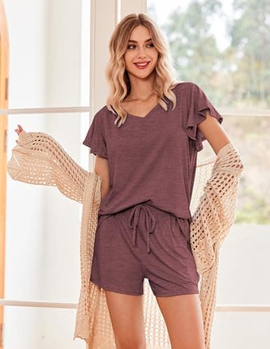 Ekouaer Sleepwear Set Women's Ruffle Short Sleeve Pajamas V Neck Comfy Pjs Lounge Sets with Pockets Deep Red Large - Thumbnail 3