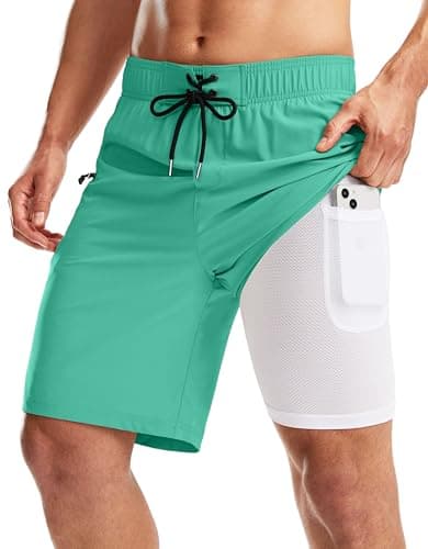 Pinkbomb Men's Mint Green Swim Trunks with Compression Liner, Quick Dry, 9 Inch, X-Large - Image 1