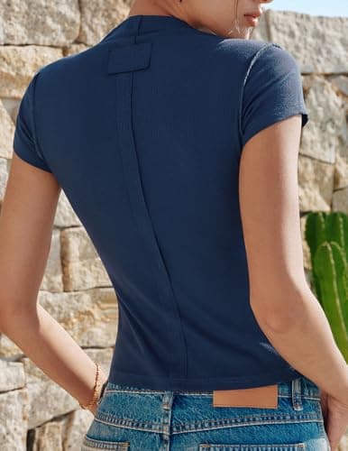 Womens Cap Sleeve Tops, Mock Neck Raw Hem Summer Shirts, Ribbed Y2K Going Out Crop Top, Trendy Fitted Tshirts(Navy, L) - Thumbnail 3