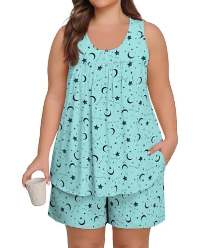 Lastshe Women Plus Size Pajama Set Summer Sleeveless Tank Tops Shorts Pjs 2 Piece Printed Lounge Set with Pockets Sleepwear,Blue Star Moon-4X - Image 1