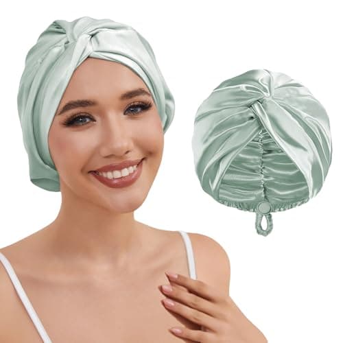 HFRHTGY Adjustable Silk Satin Hair Bonnet for Sleeping Women Hair Wrap, Double Layer Night Turban, Sleep Cap for Natural Curly Straight Unisex - Green