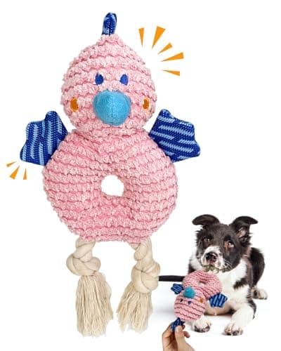 Moysoon Crinkle Squeaky Dog Toys for Medium Dogs, Durable Plush Chew Toys for Tough Play, Interactive Tug of War Toy, Teething Gift to Keep Them Busy and Relieve Boredom (Pink Chick)