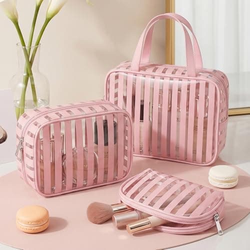 Edelefas 3 Pack Clear Pink PVC Travel Toiletry Bags - TSA Approved Waterproof Makeup Organizer Set with Handle, Striped Cosmetic Pouches for Airplane Gym and Daily Use - Thumbnail 4