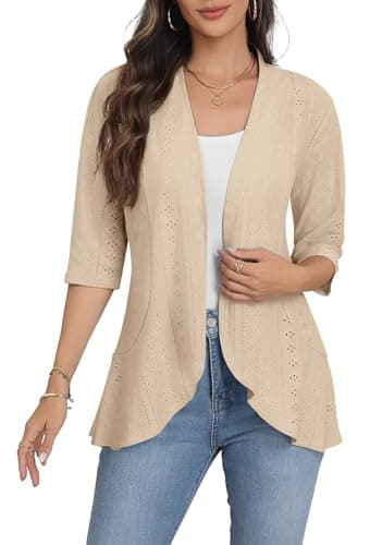 Askyes Lightweight Summer Cardigan for Women Spring Netted Knit Ruffle Half Sleeve Kimono Cover Ups Cardigans,Light Khaki,L - Image 1