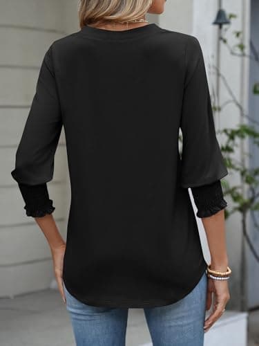 ANRABESS Women's 3/4 Sleeve Henley Blouse, Soft V Neck Top for Dressy Casual, Work & Business Office Wear Black Small - Thumbnail 5