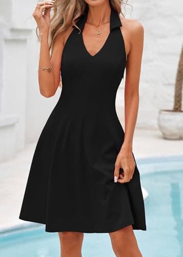 Lazysmile Summer Dresses for Women Sleeveless Halter Lapel V Neck Backless A Line Formal Cocktail Party Short Dress Black - Thumbnail 4