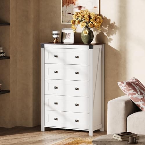 GALAXHERO Farmhouse White TV Stand, 5 Drawer TV Console, Tall Wood Media Console with Double Rustic Handle, Entertainment Center for Living Room, Hallway, Closet - Thumbnail 2