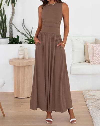 BTFBM Summer Maxi Dresses for Women 2026 Spring Sleeveless Casual Ruched High Waisted Long Sundress Flowy Beach Dress(Khaki, Medium) - Thumbnail 4
