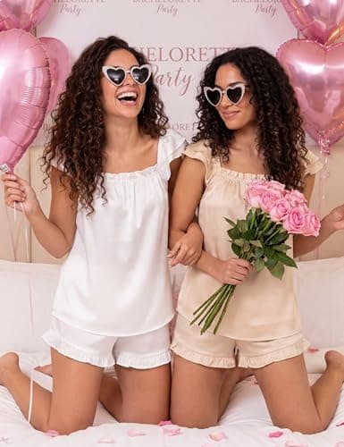 Frcdaunrs Bridal Pajama for Women Set 2 Piece White Silk Pjs Cute Sleeveless Satin Tank Top and Ruffle Pajama Shorts L - Thumbnail 5