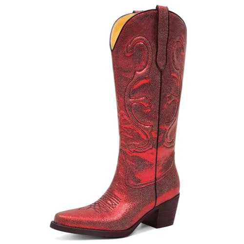 GPXGPX Red Cowboy Boots for Women Embroidered Cowgirl Boots Mid Calf, Pointed Toe Chunky Block Heel Pull On Western Boots 9 - Image 1