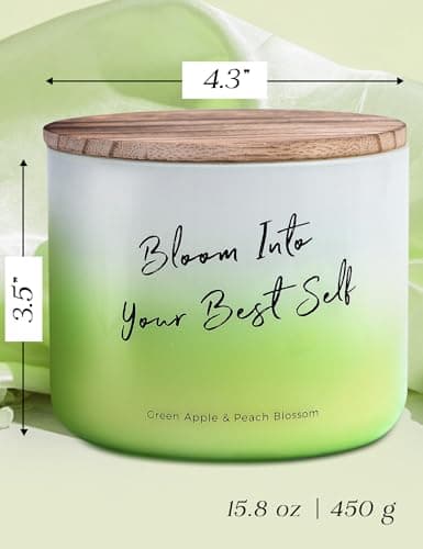 Green Apple Peach Blossom Scented Soy Candle - Large 3-Wick Aromatherapy Candle for Home, 15.8oz - Fresh Fruity Scent - “Bloom Into Your Best Self” Quote - Inspirational Home Decor Gift - Thumbnail 4