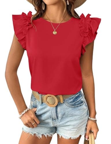 Summer Tops for Women 2026 Trendy Ruffle Short Sleeve Tops Casual Cute Loose Fit T-Shirts Crew Neck Fashion Dressy Blouses Tee Tops Red M - Image 1