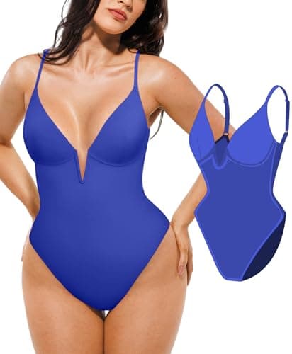 Popilush Tummy Control Swimsuits for Women Shapewear One Piece Underwire Swimsuit Deep V Neck Bathing Suits Summer Beach Pool Vacation Blue - Image 1