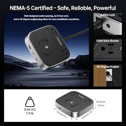 Teleadapt GaN Multi Charging Station 67W, 6 in 1 iPhone Charging Station with USB Ports, 2AC Outlets, 1 USB A & 2 USB C Ports, Desktop Phone Charger for iPhone14/13/12/11/X/Samsung/Android, Grey - Thumbnail 6