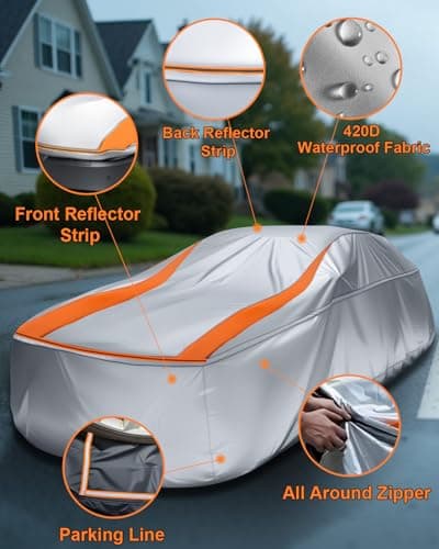 FJWDSC Full Enclosed Sliver Car Cover Universal Fit Camaro,Dodge Challenger/Charger,Accord,Camry,Altima,5 Series,Chrysler 300,Sonata,Malibu,Lexus ES,Passat,CT5,Audi A6,K5/Stinger,Jaguar XJ,Taycan,MKZ - Thumbnail 6