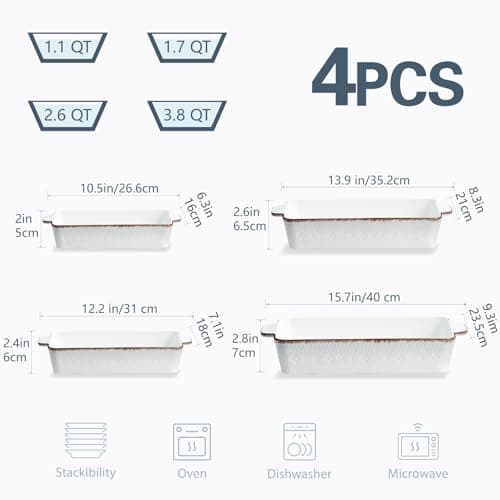 ONEMORE Casserole Dishes for Oven, Ceramic Baking Dish Set of 4, Non-Stick Lasagna Pans with Handles, Rectangular Bakeware Set for Cake, Roasting, Broiling, Gratin, Banquet, Microwave & Dishwasher Safe(3.8/2.6/1.7/1.1 Qt) (White 01) - Thumbnail 2