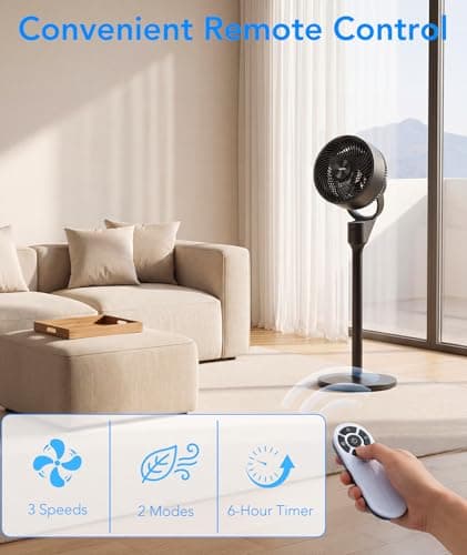 COWSAR Pedestal Fan for Bedroom, 80° Oscillation Standing Fan with Remote, Quiet Floor Fan for Room, Air Circulator Fan with 3 Speeds, 6H Timer, 2 Heights, 90° Vertical, Aroma Box, Black - Thumbnail 5