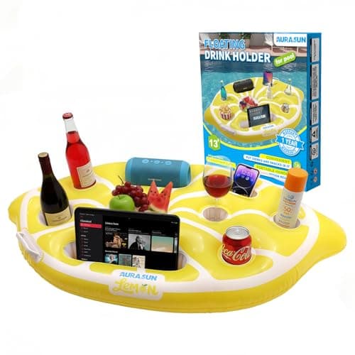 AURASUN Inflatable Lemon Pool Float for Drinks and Snacks - Hot Tub Drink Holder with Handles for Adults - Fun Floating Bar Swimming Pool Accessories (Yellow)
