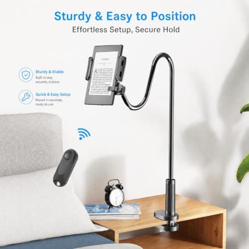 Kefotic Gooseneck Tablet Holder for Kindle Reading in Bed with Page Turner Remote, Hands Free Desk Bedside Lazy Arm Stand for Kindle Accessories, Gifts for Readers - Thumbnail 6
