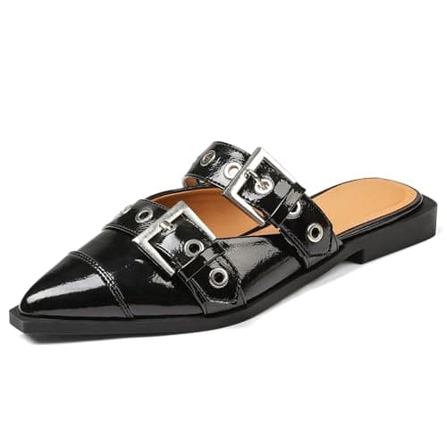Grakihily Buckle Flats for Women Pointy Toe Wide Welt Buckled Mules Low Block Heel Slippers Mary Jane Shoes Comfortable Ballerina Flats - Thumbnail 4