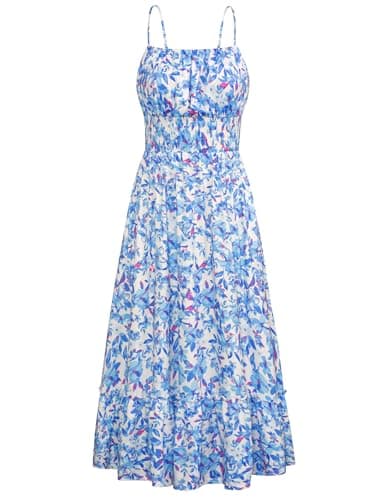 Women's 2025 Summer Floral Boho Dress Square Neck Strapped Swing A Line Beach Long Maxi Dress with Pockets Blue Floral L - Image 1
