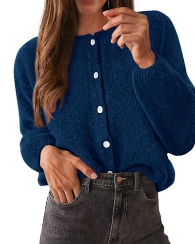KIRUNDO Women’s Cardigans Casual Loose Button Up Long Sleeve Crewneck Knit Cardigan Sweaters Open Front Outerwear Coats(Dark Blue, X-Large) - Image 1
