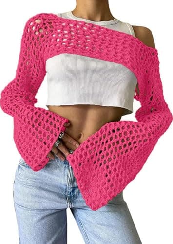 hathne Women Hollow Out Sweater Crop Flounce Off See Through Crochet Top Trumpet Long Sleeve Knit Top(Rose Red,XL) - Image 1