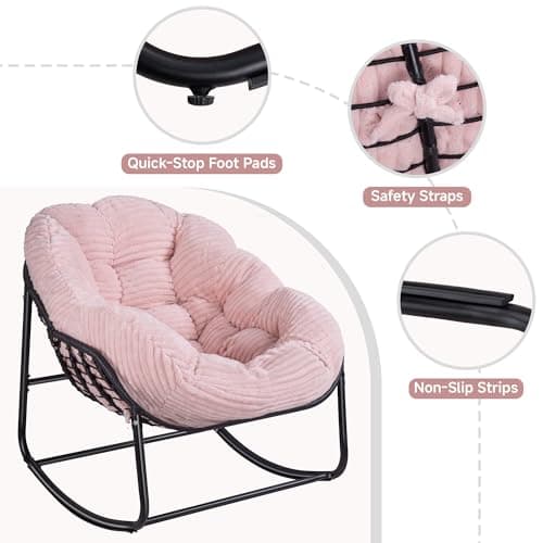 Halituny Indoor Rocking Chair, Oversized Outdoor Lounge Chair with Thick Corduroy Cushion & Straps, Wicker Modern Comfy Rocker Egg Chair for Living Room, Bedroom, Porch and Courtyard, Pink - Thumbnail 6