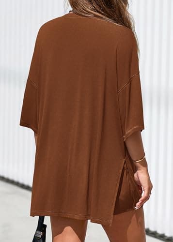 KIRUNDO 2 Piece Sets for Women Summer Lounge Sets Casual Oversized Tshirts Shorts Matching Airport Travel Outfits Postpartum(Brown, XX-Large) - Thumbnail 2