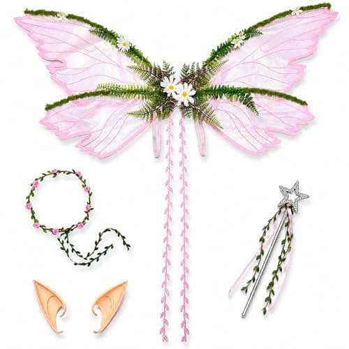 BEFEIEULEAQ Fairy Wings Set - 4 PCS Butterfly Wings with Elf Ears, Flower Crown & Wand - Universal Size Pink - Image 1
