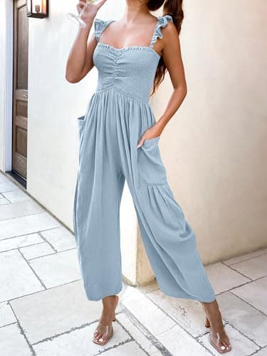 ANRABESS Women Summer Casual Dressy Sleeveless Smocked Wide Leg Linen Jumpsuits Rompers 2025 Trendy Travel Outfit Pocket Blue Small - Thumbnail 5