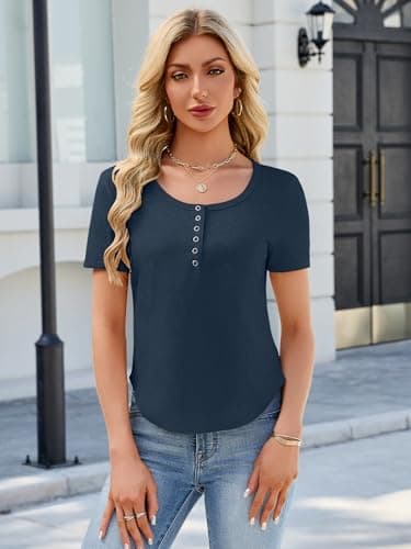 Bellcoco Women's Waffle Knit Tops Short Sleeve Button Henley Shirts Business Casual Blouses Lightweight Summer Top 2026 Navy L - Thumbnail 2