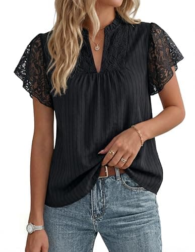 GRACE KARIN Womens Lace Short Sleeve Tops Summer Dressy Casual Cotton Blouses Flowy V Neck Dress Shirts Trendy Clothing 2026, Black, X-Large - Image 1