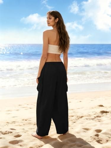 COCOMARTS Womens Linen Wide Leg Palazzo Pants Casual Loose Elastic Drawstring Flowy Pant 2025 Fall Travel Baggy Harem Pants with Pocket Black X-Small - Thumbnail 3