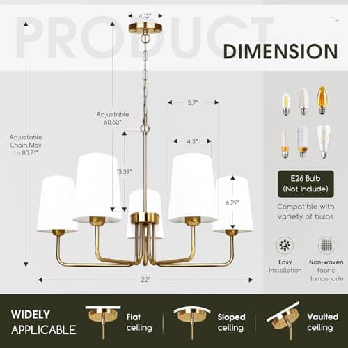 Tadpole Jump Farmhouse Chandelier 5 Lights Chandeliers for Dining Room with White Fabric Shade Rustic Gold Dining Room Light Fixture for Kitchen Bedroom Living Room - Thumbnail 5