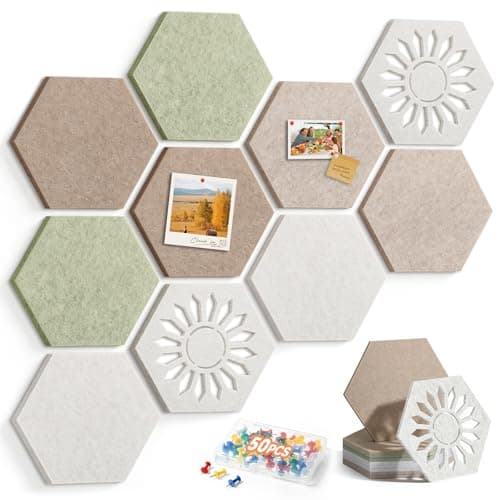 Fynnsilas 10 Pack Hexagon Felt Bulletin Board Tiles, 9mm Thick Pin Board with Unique Hollowed Wave Patterns, Traceless Nano Adhesive Backing, Decorative Wall Tiles with 50 Pins for Home & Office - Image 1
