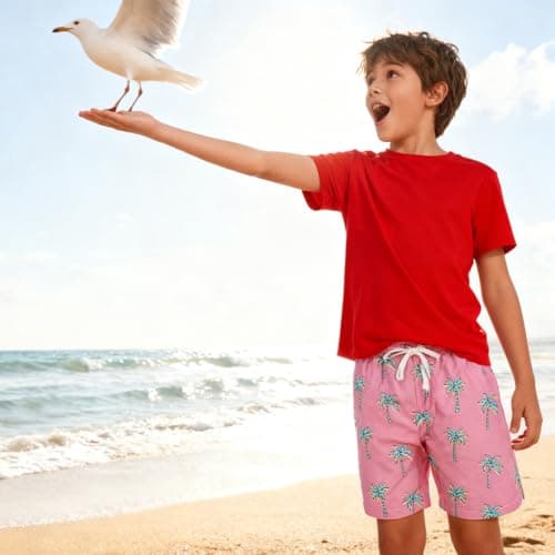 Cozople Swim Trunk for Boys Coconut Trees Swim Short Commpression Anti Chafe Pink Swimsuit UPF Bathing Suit Boxer Brief Swimwear for Outdoor Size 8 - Thumbnail 2