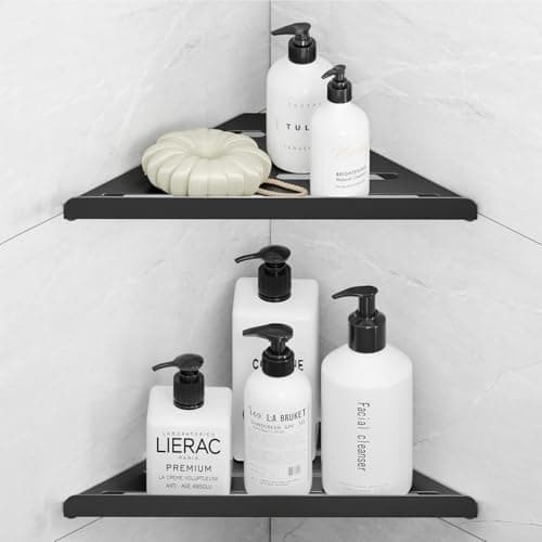 Fikoksol Shower Caddy, 2 Pack Bathroom Corner Shelf, Triangle Shelf Storage for Bathroom Shower, Black Metal Shower Shelf & Rustproof Wall Mounted Adheisve Shower Organizer Accessories and Essentials