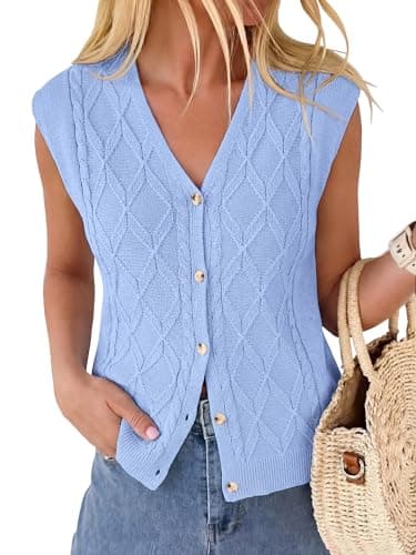 BTFBM Vest Tops for Women Summer V Neck Button Loose Lightweight Cardigan Knit Sleeveless Sweater Vests Fashion Clothing(Light Blue, XX-Large) - Image 1